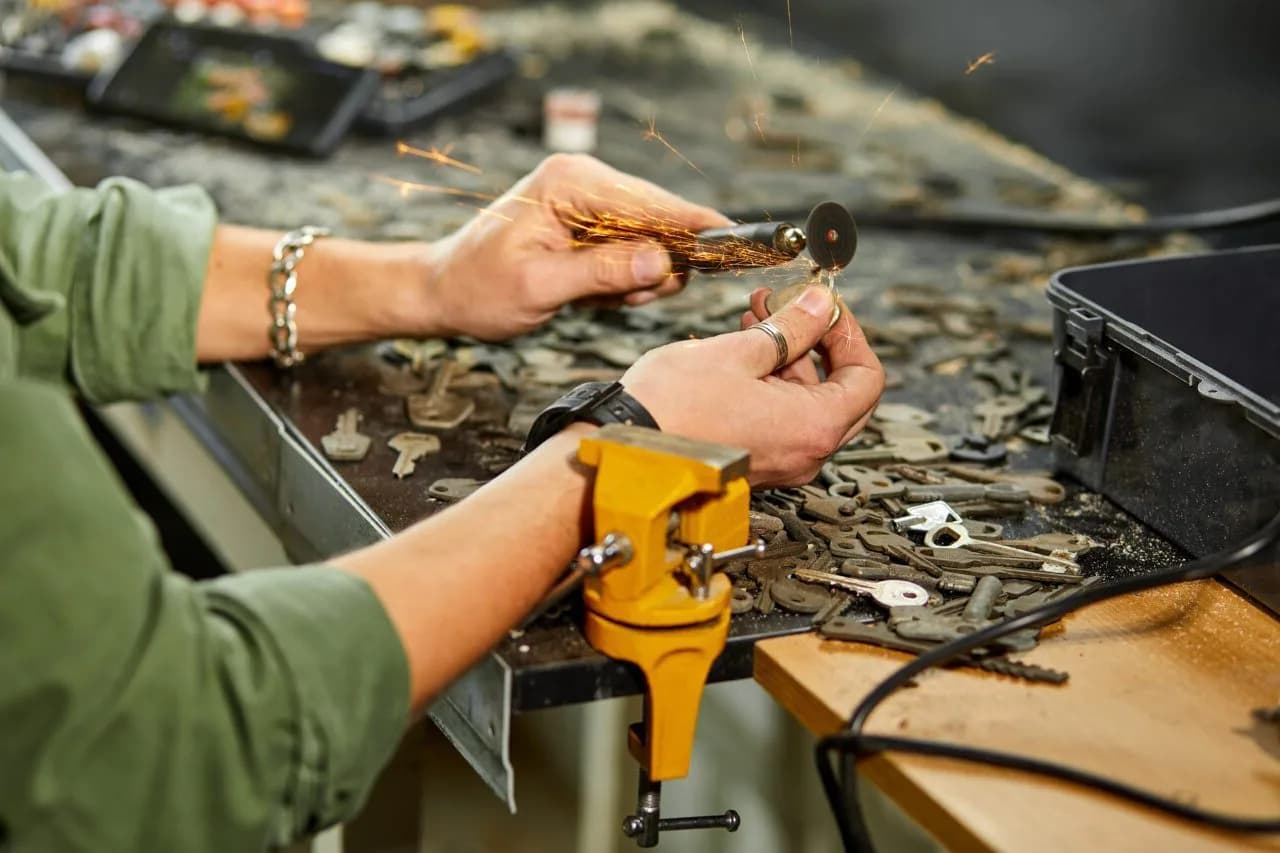 Locksmith cutting a new key on a grinding and engraving machine